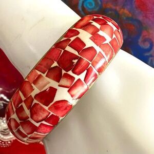 Vintage Brass & Red Shell Mosaic Bangle Bracelet